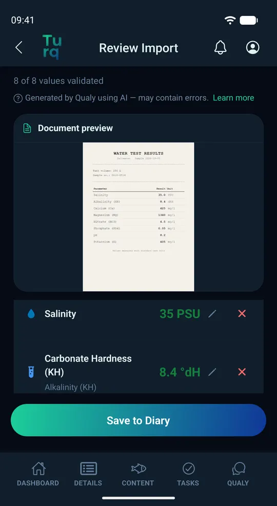 Import review: values recognised from a lab report