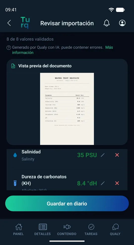 Revisión de la importación: valores reconocidos de un informe de laboratorio